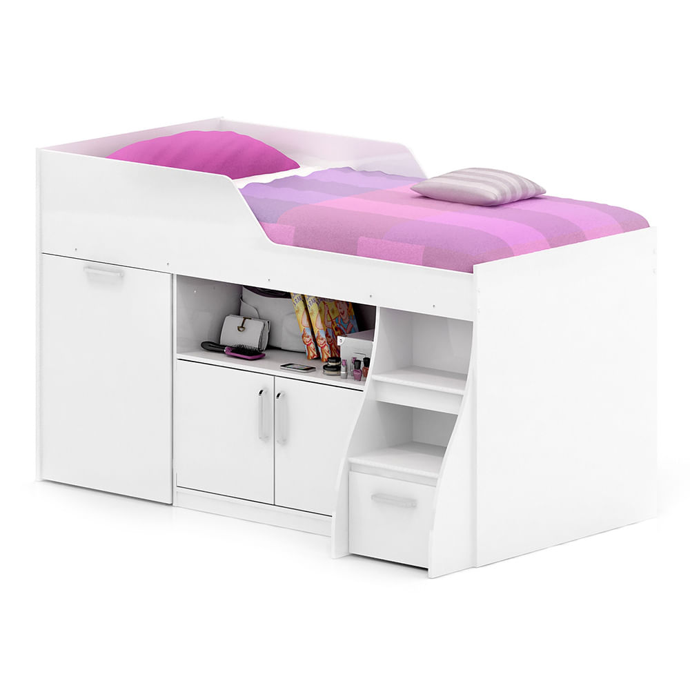 Cama Multifuncional Solteiro com Mesa Utah Branco com Colchão - Ri Happy