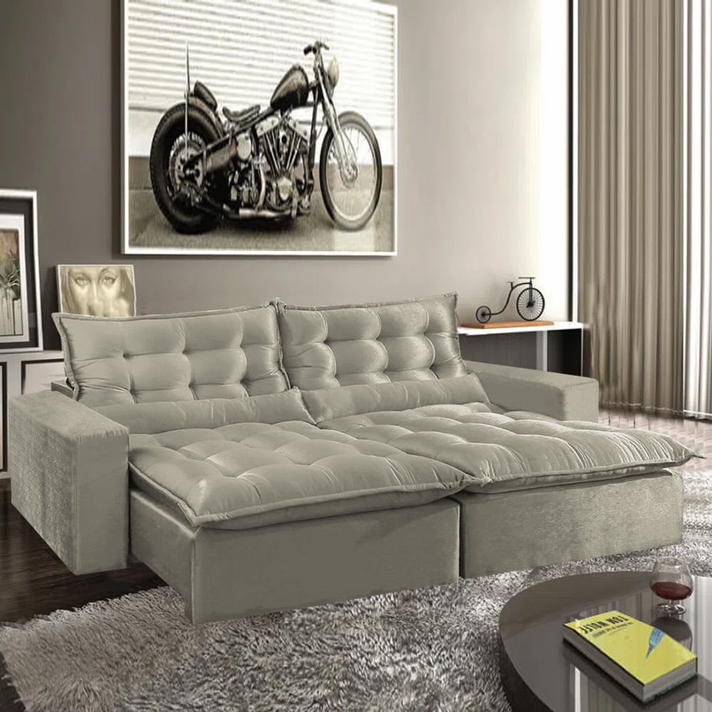 Sofá São Paulo Retrátil e Reclinável Cinza Claro Luxo 210cm