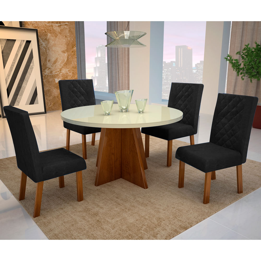 Mesa de Jantar Lisboa 100cm + 4 Cadeiras Preto Luxo - Amêndoa