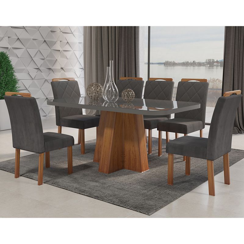 Mesa-de-Jantar-Luisa-160cm-Vidro-Grafite---6-Cadeiras-Grafite-ambientalizada