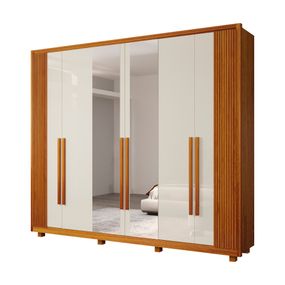 Guarda-Roupa Copacabana 6 portas 100% MDF com Espelho - Naturale/Offwhite com Pés