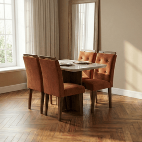 Mesa de Jantar Cleo 90 cm com Vidro Offwhite - Imbuia + 4 Cadeiras Clara - Imbuia com tecido Veludo Cobre