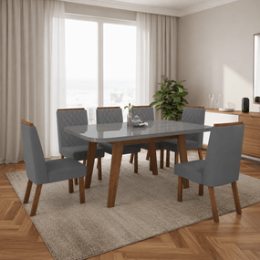 Mesa de Jantar Pietra 160cm Vidro Grafite + 6 cadeiras 2036 - Amêndoa