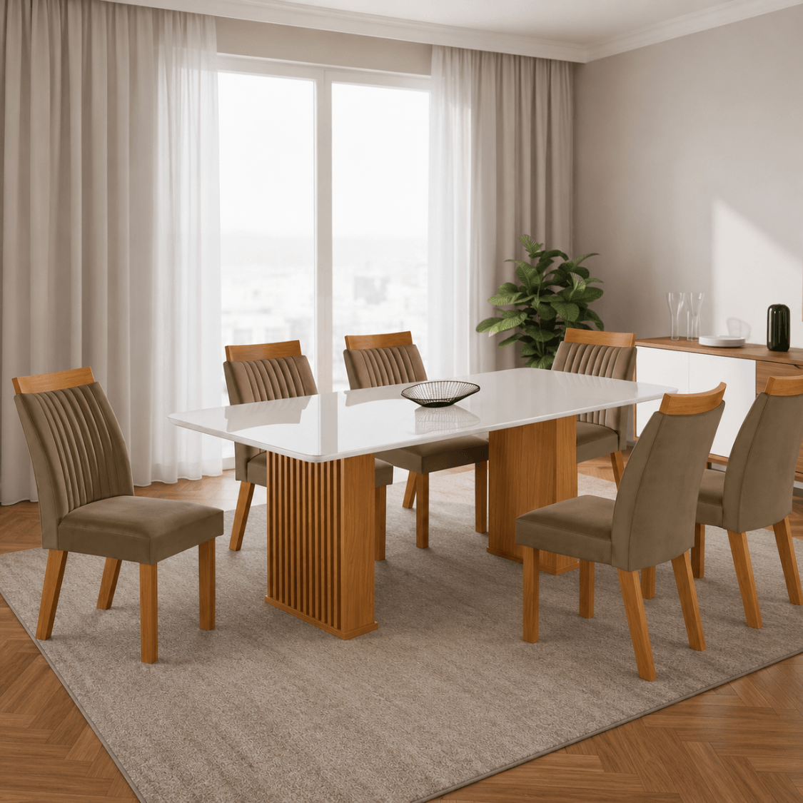 Mesa de Jantar Valentina 180cm Vidro Offwhite + 6 Cadeiras