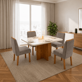 Mesa de Jantar Belluna 130 cm - 4 Cadeiras - Tampo Bege - Sem Vidro