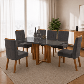 Mesa de Jantar Dakota 180cm Vidro Grafite + 6 Cadeiras Tecido 2036 - Naturale
